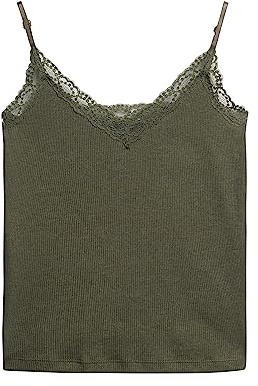 Superdry Damen Geripptes Essential Trägertop mit Spitze aus Bio-Baumwolle Blassolivgrün Meliert M/L