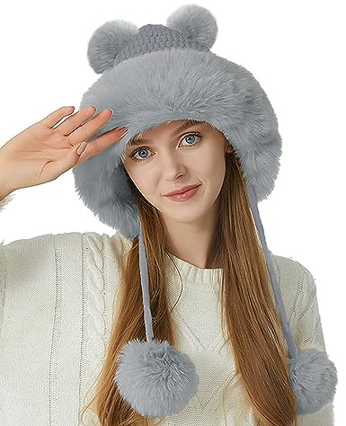 JFAN Warm Mütze Bommelmütze Damen Pudelmütze Winter Ski Mehrfarbig Mode Gehäkeltes Fell Strickmütze Grau One Size