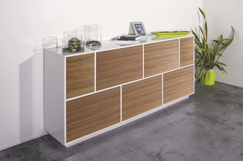 Dmora - Buffet Virginio, Buffet de Cuisine 7 Portes, Buffet de Salon, 100% Made in Italy, 200x41h86 cm, Blanc Brillant et Noyer