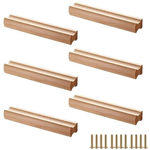 6 Stück Möbelgriffe Holz, Schrankgriffe Holz mit Schrauben, Lochabstand 96 mm, für Schränke, Bäder, Büros und Küchen