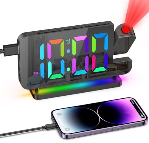 OQIMAX Projektionswecker, 7 LED RGB Wecker Digital mit 10 Farben Nachtlicht, Projektionsuhr, Digital Wecker mit Projektion 180°, 6-Level-Dimmer, Snooze, 12/24H, USB-Ladegerät für Schlafzimmer