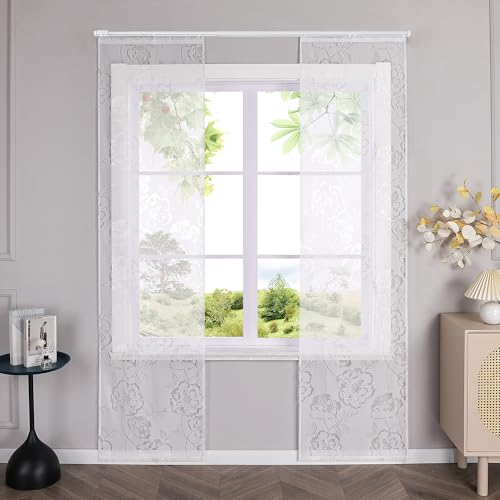 HeichkelL Schiebegardinen Ausbrenner Schiebevorhänge mit Rosen 2er Set Flächenvorhänge Transparent Gardinenschal Weiß mit Klettband BxH 57x145 cm