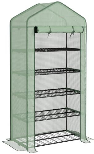 Outsunny Invernadero de Jardín de 5 Niveles Invernadero Resistente con 1 Puerta Enrollable con Cremallera Anti-UV Diseño Ensanchado y Estantes para Cultivo de Plantas Flores 90x49x193 cm Verde