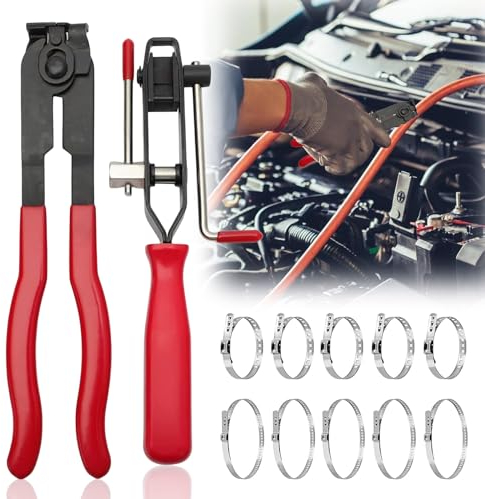 WANDGU Achsmanschetten Werkzeug Klemmen: 12 Stücke Schlauchschellen Set, 2 Achsmanschetten-Klemmen-Zange mit 10 Achsmanschetten Schellen, Ohrklemmenzange Crimpbänder für Autos Crimper Werkzeug Kit