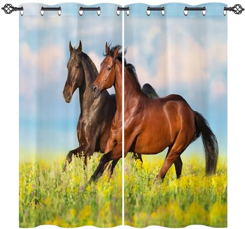 ANHOPE Tier Pferd Blume Feld Gardinen Blickdichte Thermo Vorhänge mit Ösen Weich Vorhang Blackout Curtain Wohnzimmer Schlafzimmer Verdunklungsvorhänge 2er Set H 160 x B 77 cm