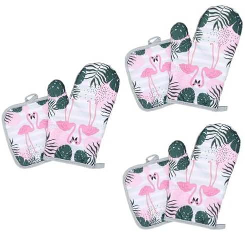 TOPBATHY 6piezas Guantes De Horno y Alfombrilla Resistentes Al Calor De Diseño De Flamenco Protección Antiescaldaduras para Cocinar y Hornear Casa