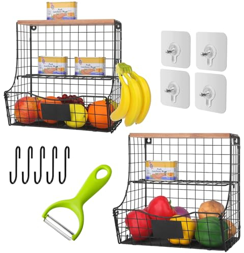 Wuciray 2pcs Frutero pared Cocina Cesta Patatas Frutas y Verduras Fruteros de Cocina Modernos con Cubierta Madera 5 Ganchos Organizador Metalica Rejilla Apilables y Montables en la Pared