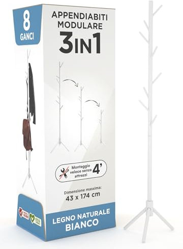 Eurocali Appendiabiti Attaccapanni in Legno Naturale Colore Bianco con 8 Ganci e Struttura Modulare 2 Altezze - per Cappotti Giacche Cappelli e Borse - Portabiti Ingresso e Ufficio - 174/124x43cm