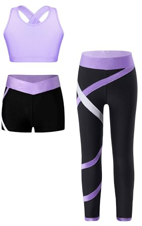 Yruioon Kinder Trainingsanzug Mädchen Sportanzug 3tlg. Sport BH Tops mit Shorts Leggings Sport Set Jogginganzug Fitness Yoga Gym Tanz Streetwear Lavendel 134-140