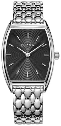 BURKER Damenuhr Grace, Oval Damen Armbanduhr Gliederarmband Edelstahl Analog Quarz 3-ATM Wasserdicht - 25 mm - Silber Schwarz