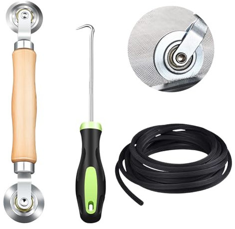 Werkzeug Doppelrad Dichtungseinroller mit Holzgriff, Werkzeug Einzieher Einroller Sieb Fenster Spline Roller Haken Werkzeug mit 10m x 5mm Gummi Kederband