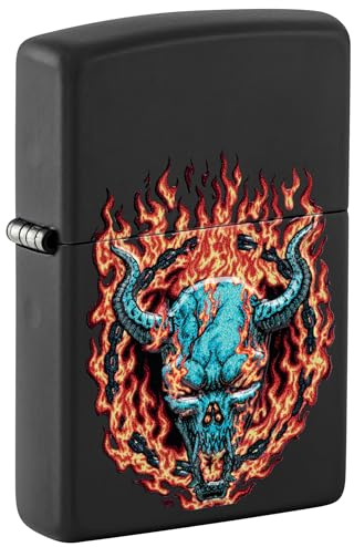 Zippo Sturmfeuerzeug - Burning Devil, Black Matte, Texture Print - Nachfüllbar - Wiederverwendbar - Windfestes Design - Geschenkbox - Made in USA