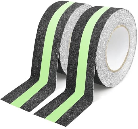 2 Rolls 50mm * 5M Glow In The Dark Anti Slip Tape, High Traction Grip Tape, Heavy Duty Non Skid Strip Tape, Fluorescent Safety Warning Tape Self Adhesive Anti Slip Stair Treads for Indoor Outdoor