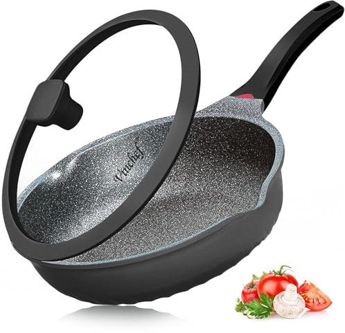Vinchef Antihaft-Pfanne mit Deckel, 32,5 cm, Aluminium, tiefe Bratpfanne mit Deckel und Hitzeindikator, kratzfest und fleckenabweisend, induktionsgeeignet