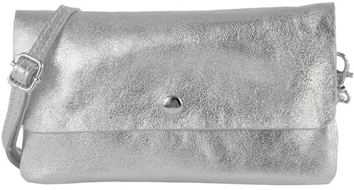 modamoda de - T257 - Echtleder Umhängetasche Small made in Italy, Farbe:Silber-Metallic
