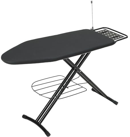 RAINHOL – Grande planche à repasser robuste, taille complète, 121,9 x 38,1 cm, avec coussin et housse, support de fer à repasser réglable en hauteur avec plateau de rangement et repose-fer, noir