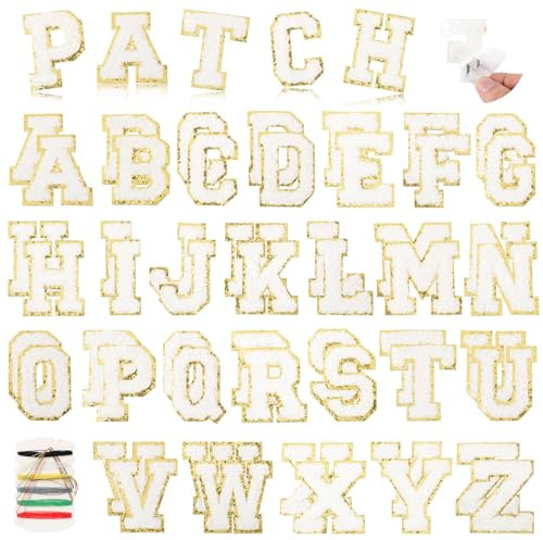 52 Stück Buchstaben Aufnäher zum Aufbügeln Selbstklebend Chenille A-Z Buchstaben Patches zum Aufnähen für Kleidung Weste Jeans Hut Reparatur Dekoration DIY