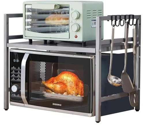 Rainbow Tree Microwave Oven Rack, Expandable Microwave Stand, 2 Tier Metal Kitchen Countertop Organizer Shelves, Bakers Racks for Kitchens (Grey, 2-Tier)