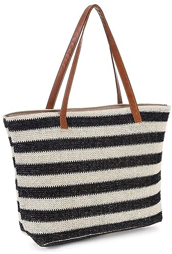 Giwnhvx Grand sac en paille souple avec fermeture éclair Sac à main de plage avec rayures tissées Noir
