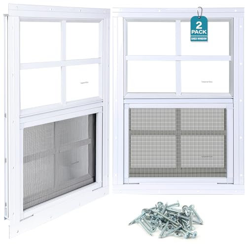 Melkus 2 Stück Schuppenfenster, 61 x 68 cm, bündig montiert, Hühnerstallfenster mit gehärtetem Glas und Bildschirm, Schiebefenster für Hühnerstall, Schuppen, Garage, Spielhaus, Scheune, Gewächshaus