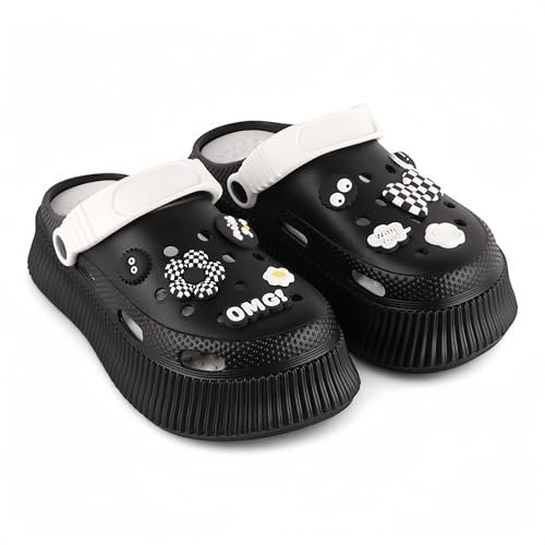 CHILLIFE Sabots à plateforme pour femme avec breloques amovibles, sandales de plage, piscine et jardin, été – Fabriqué au Portugal, Noir , 39 EU