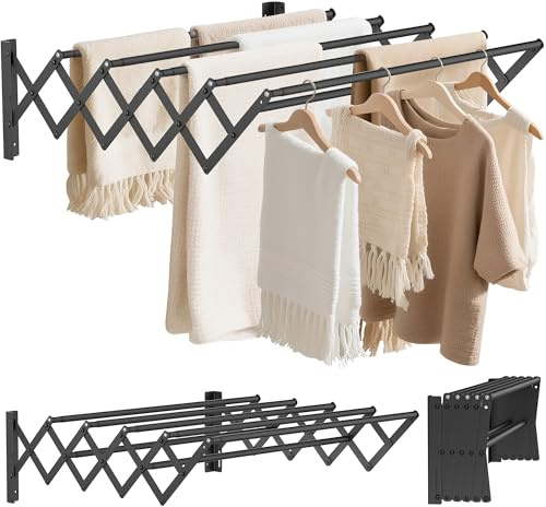 Wand Wäscheständer Vorderer und hinterer Teleskopbereich: 12~68cm,Schwarz | Edelstahl Wandtrockner Ausziehbar, Längenverstellbereich:65~127 cm, mit Sieben Zugstangen Tragfähigkeit 7.5kg