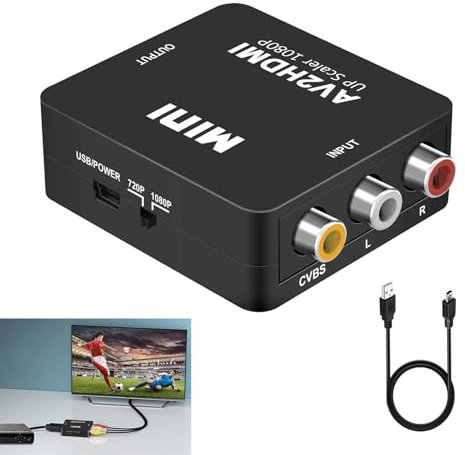Convertidor RCA a HDMI, Adaptador AV a HDMI Video Compuesto Mini con Entrada RCA a Salida 720P/1080P, Conversor Compatible con PS2, PS3, Xbox, Wii, VCR, Reproductores de DVD, STB, para TV y Monitores