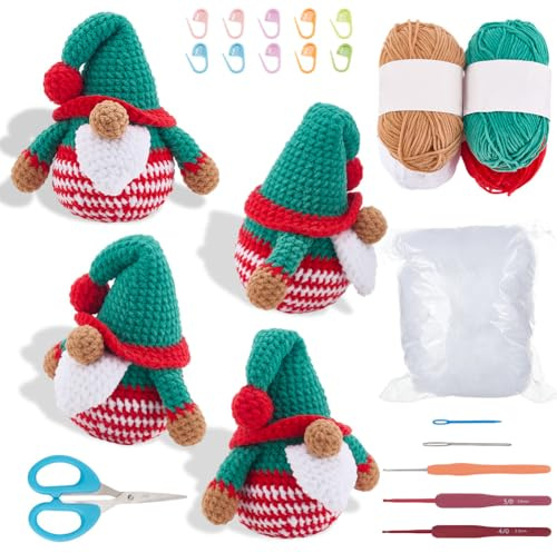 WEBEEDY DIY Weihnachtswichtel Häkelstarter Set Für Erwachsene Anfänger Komplettes Zwergen Häkelset Mit Videoanleitung 4 Farben Garne DIY Strickzubehör Weihnachtsschmuck