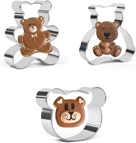 3 Stück Teddybär Ausstechformen Set - Bärengesicht und Teddybären - Edelstahl Keksausstecher Fondant Kuchen Dekoration zum Backen