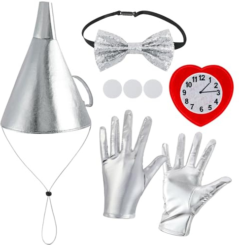 XEPST Halloween Tin costume Accessories Set - Silver Funnel Hat Costumes with Funnel Hat Metallic Bow Tie Gloves Heart Clock Brooch for Women Halloween Costumes Cosplay Carnival Fancy Dress Up