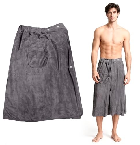 Zykra Saunakilt Herren, Grau, 70 x 140 cm | Mikrofaser, Verstellbare Größe, Mit Knöpfen, Für Fitnessstudio, Dusche, Sauna, Spa und Strand