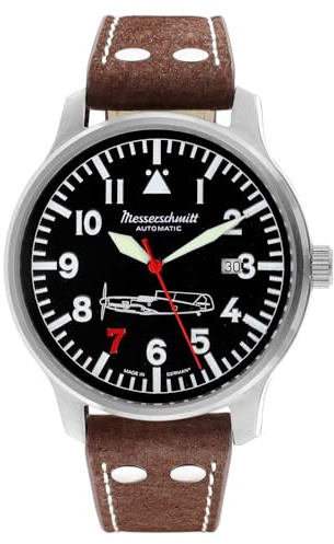 Messerschmitt Herren Fliegeruhr ME-109 109-42R7 - schwarzes Zifferblatt, Fluoreszierende Zeiger, Mineralglas, Edelstahlgehäuse 42 mm, braunes Büffellederband, Automatikwerk