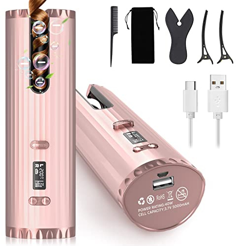 Automatischer Lockenstab, tragbare Haarlockenstäbe, kabelloser Lockenstab Anti-Verbrennungs-Lockenwickler, 6 Timer/Temperatur, USB wiederaufladbar, LCD-Display, für langes/kurzes Haar Styler