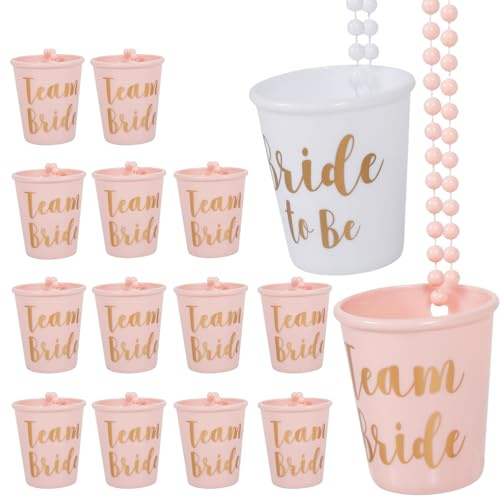 15 PCS Hen Party Shot Glasses, Plastic Beaded Bridal Shot Glasses Necklace, Hen Do Accessories - 1 Bride/Groom & 14 Team, Party Favours for Stag Do Bachelorette Bridal Shower (White & Pink)
