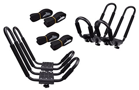 TMS Kayak Roof Racks for 2 Kayaks - Dual Universal Fit Carriers Include Two Sets of Straps for Cars, Trucks and SUVs - Easy to Mount J-Bar Style Carriers for Kayaks Canoes Paddleboards and Surfboards