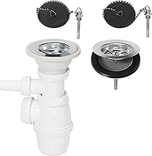 Wirquin 30718733 Ensemble complet vidage d'évier 2 bacs D60 avec siphon évier, bonde à bouchon et prise machine à laver, chromé, Blanc
