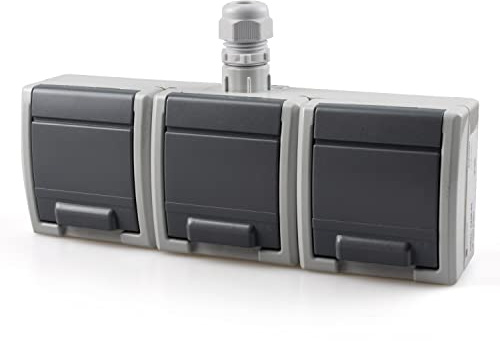 NAKA Steckdose 3-er Set | für Elektroinstallation im Feuchtraum | IP65 Aufputzsteckdose | Komplettset Einsatz + Rahmen + Abdeckung | Mehrfachsteckdose | Schuko AQUANT 1246-65 Grau