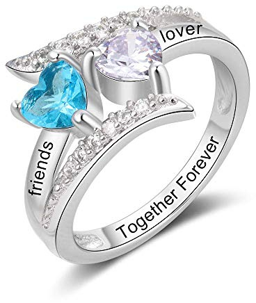 Personalisierte Verlobung Ehesilberne Ringe für Frauen mit 2 -Herz Simulierter Birthstone und Name Ringe zu Paare -Promi -Ring für sie und Geburtstag Geschenk für sie und Mum nach Maß Geschenke