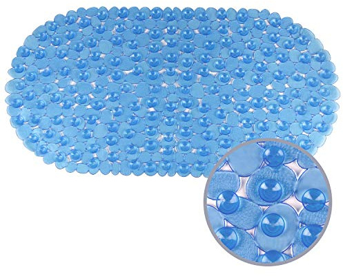 WELTRXE Duschmatte, Antirutschmatte aus Kunststoff für Kinder und Familie Dusche, rutschfeste Badewannenmatte mit Hunderte Saugnäpfen, Länglichrund Duscheinlage PVC 69 x 36 cm Blau