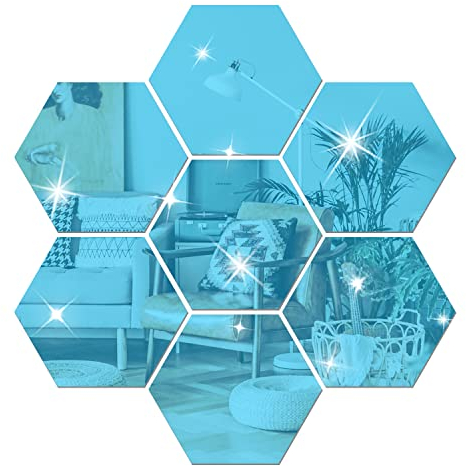 NAILDOKI DIY Wandaufkleber, Acryl-Spiegel-Aufkleber-Set, 12 Stück 10cm, 3D sechseckig, Spiegel-Wandsticker für Wohnzimmer, Schlafzimmer, Dekoration (blau)