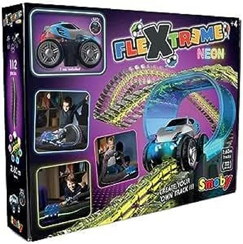 Smoby Toys - FleXtreme Neon Kinder-Rennbahn - flexible Autorennbahn ab 4 Jahren mit spektakulären Licht-Effekten - Spielzeug-Set inkl. Auto, 112 Schienen-Teile (für 2,60 Meter) & Tunnel