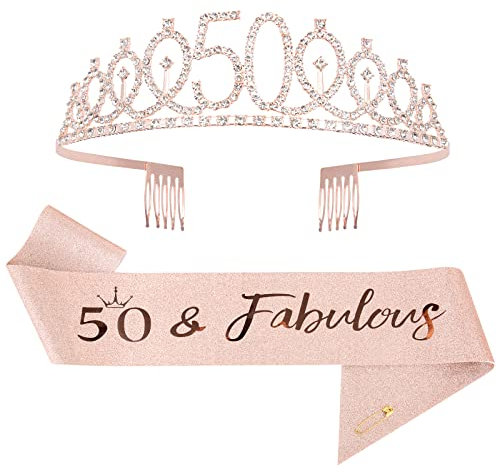 Mikccer Rose Gold 50th Birthday Sash and Tiara, Rhinestone Crown Headband for 50th Birthday Decoration Party Accessories