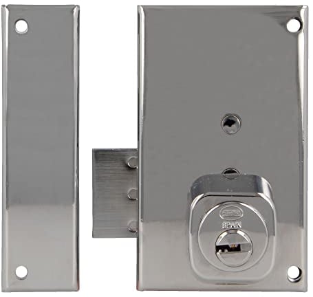 Amig - Cerradura de Sobreponer de Izquierda con Palanca de Cierre y Lengüeta para Puertas de Madera Mod. 75P, 67 x 112 mm, Cilindro Redondo de Seguridad, Acero Plateado