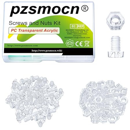 Pzsmocn 100 Stück/50 Sätze M5*8 mm PC Transparenter Kunststoff Kreuzschlitz Rundkopfschrauben und Sechskantmuttern-Satz, für Heimwerkerarbeiten, Modelle und die Befestigung Elektronischer Produkte.