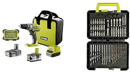 Ryobi, Perceuse-Visseuse Sans Fil 18V ONE+,2 Vitesses,50 Nm,Mandrin Autoserrant 13 mm,Led,2 Batteries, Vert/Anthracite & Coffret 60 accessoires de perçage et de vissage - RAK60DDF