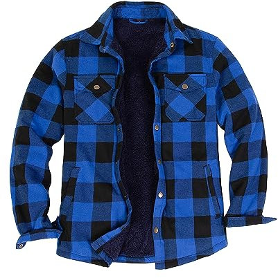 ZENTHACE Veste chemise en flanelle doublée Sherpa pour homme, vestes à manches longues en flanelle brossée, bouton pression, Carreaux doublés Sherpa Bleu, XL