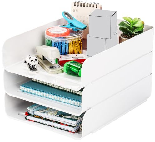 Okllen 3 Pack Stackable Desktop Organizer Tray, 3 Tier File Paper Document Storage Tray, A4 Paper Holder, White Plastic Letter Tray Desk Organizer for Magazine, Receipts, Office Supplies