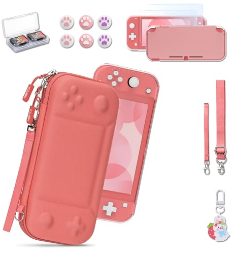 Younik Switch Lite Hülle, 14-in-1 Zubehör mit Switch Lite Tasche, klare Schutzhülle, Spielkartenhülle, 2 Bildschirmschützern, 6 Daumengriffen, Anhänger, Koralle Tragetasche für Switch Lite