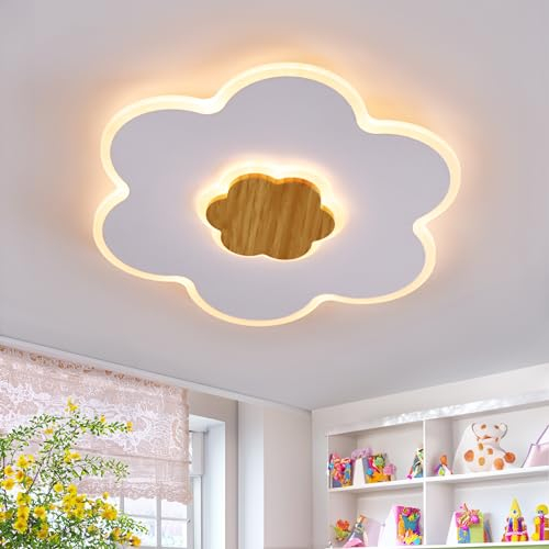 LUOLONG LED Deckenleuchte Kinder Deckenlampe Blumenform Holz Kinderzimmer Deckenleuchten Dimmbar 3000K-6000K 28W 40cm Junge Mädchen Baby Weiß Kinder Schlafzimmer lampe Mit Nachtlichtfunktion