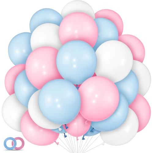 Confezione da 100 palloncini rosa e blu, 30,5 cm, rosa pastello, blu, bianchi, per feste, con nastro da 19,8 m, per rivelare il sesso, baby shower, compleanno, addio al nubilato, matrimoni,